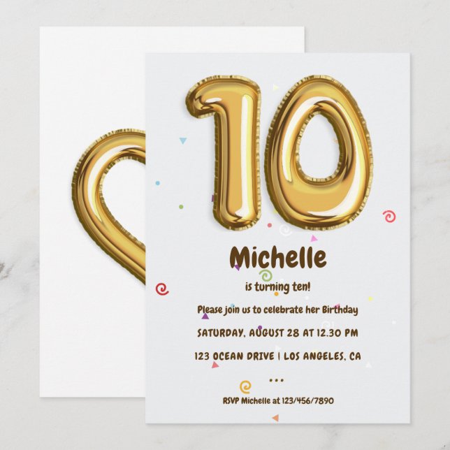 Invitation Gold Foil Balloon et Confetti 10e fête d'anniversa (Devant / Derrière)