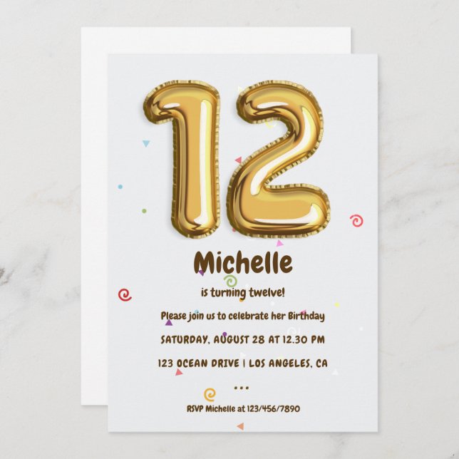 Invitation Gold Foil Balloon et Confetti 12e fête d'anniversa (Devant / Derrière)