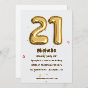 Invitation Gold Foil Balloon et Confetti 21e fête d'anniversa