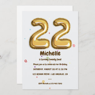 Invitation Gold Foil Balloon et Confetti 22e fête d'anniversa