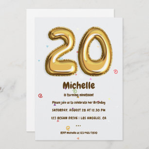 Invitation Gold Foil Balloon et Confetti fête de 20e annivers