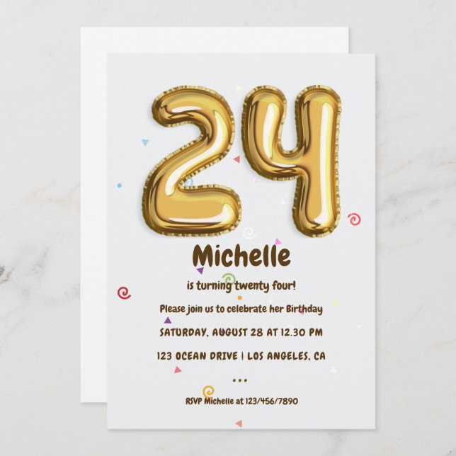 Invitation Gold Foil Balloon et Confetti fête de 24e annivers (Devant / Derrière)