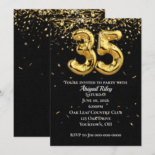 Invitation Gold Foil Balloons 35e anniversaire de fête Invita (Devant / Derrière)