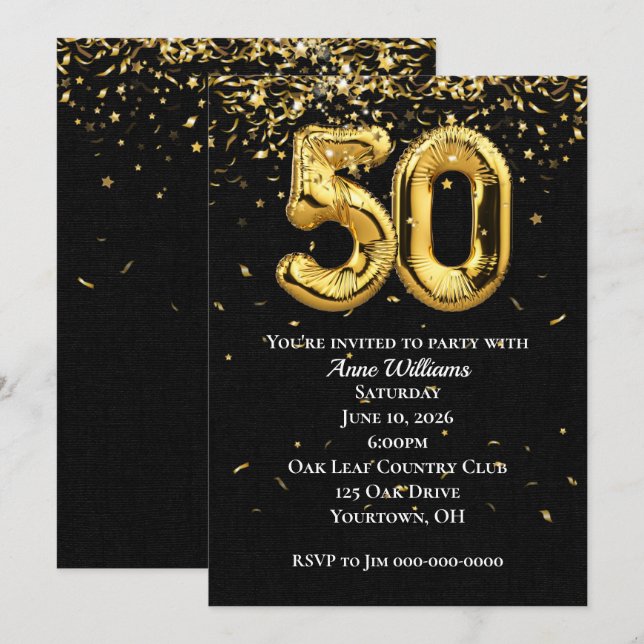 Invitation Gold Foil Balloons 50e anniversaire de fête Invita (Devant / Derrière)