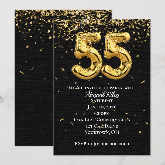 Invitation Gold Foil Balloons 55e anniversaire de fête Invita (Devant / Derrière)
