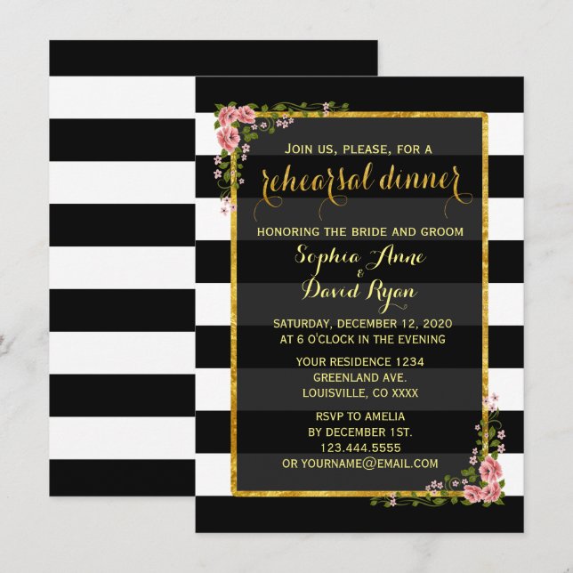 Invitation Gold Foil Black Stripes Dîner de répétition Invita (Devant / Derrière)