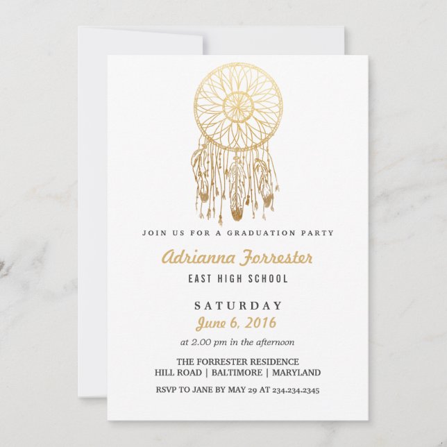 Invitation Gold Foil Bohemian Dream Catcher Graduation Party (Devant)