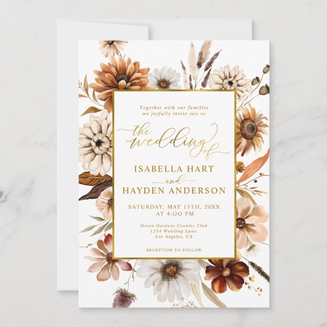 Invitation Gold Foil Chute Boho Marsala Terracotta Mariage (Devant)