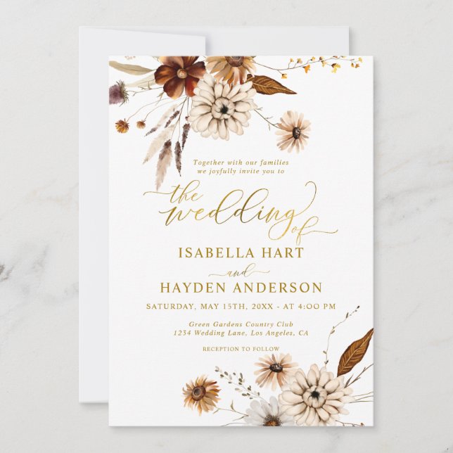 Invitation Gold Foil Chute Boho Terracotta Mariage neutre (Devant)