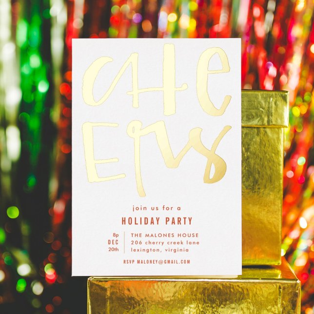 Invitation Gold Foil de fête de Noël (Gold foil and hand lettered CHEERS holiday party Christmas card.)