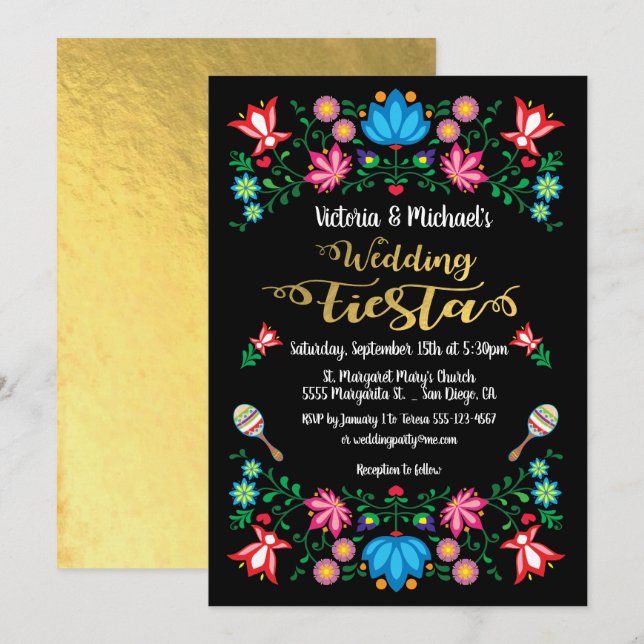 Invitation Gold Foil Floral Mariage mexicain Fiesta (Devant / Derrière)