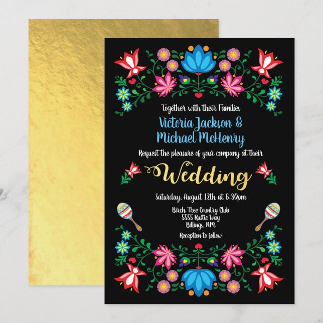Invitation Gold Foil Floral Mariage mexicain Fiesta Card (Devant / Derrière)