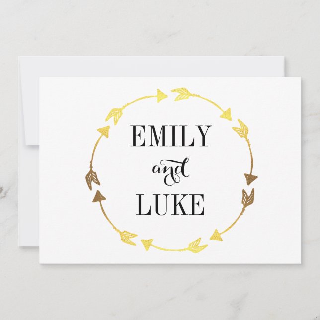 Invitation Gold Foil Heart Wreath Fiançailles romantique (Devant)