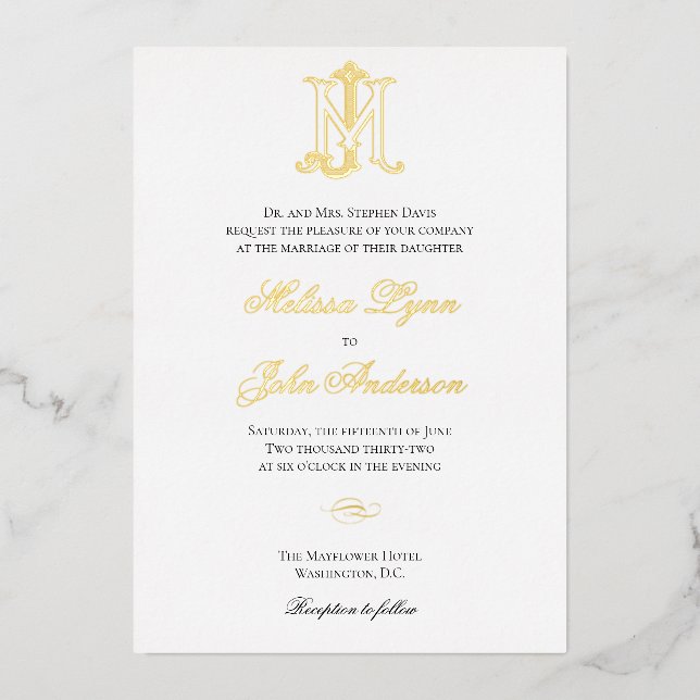 Invitation Gold Foil JM Monogramme ou MJ Monogramm (Recto)