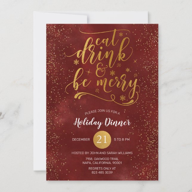 Invitation Gold Foil Mange Boire et Sois Joyeux Noël Rouge (Devant)