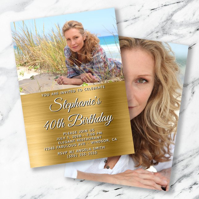 Invitation Gold Foil Photo 40e anniversaire (Gold Foil Photo 40th Birthday Invitation)