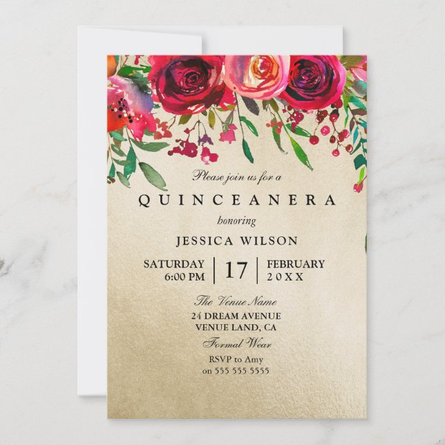 Invitation Gold Foil Rose & Rose Rouge Quinceanera (Devant)