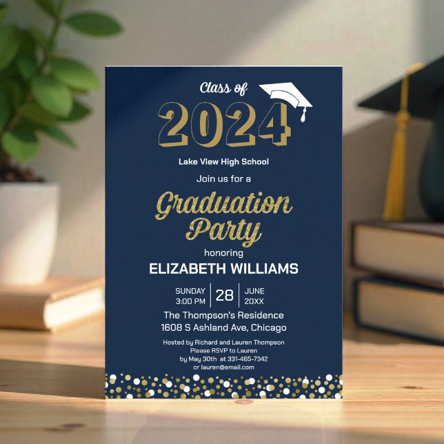 Invitation Gold Foil Script Confetti Graduation Party Blue (Créateur téléchargé)
