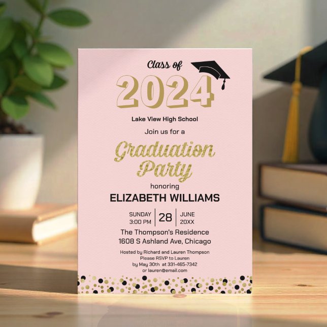 Invitation Gold Foil Script Confetti Graduation Party Rose (Créateur téléchargé)