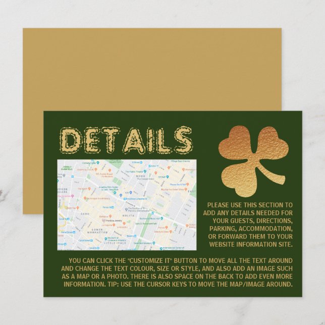 Invitation Gold Foil Shamrock, St Patrick's Day Detail Card (Devant / Derrière)