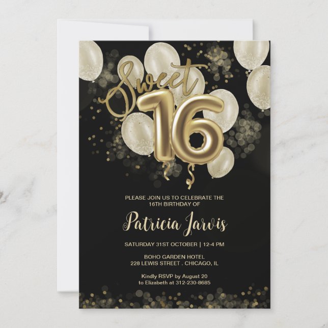 Invitation Gold Foil Sweet 16 Anniversaire Ballons Party Noir (Devant)