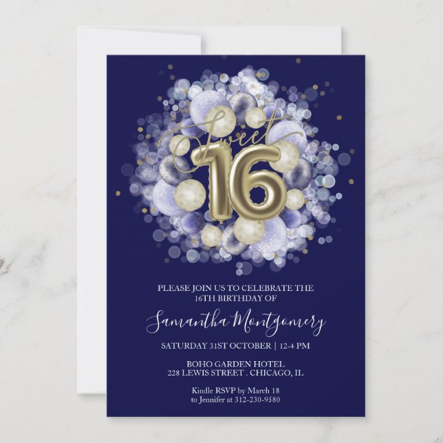Invitation Gold Foil Sweet 16 Anniversaires Ballons Party Roy (Devant)