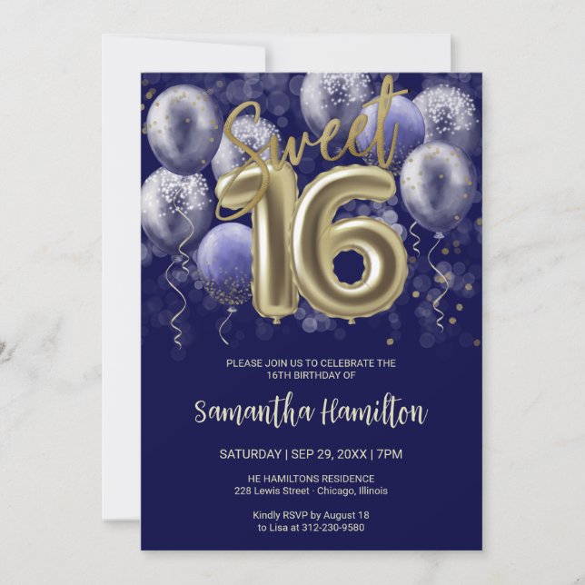 Invitation Gold Foil Sweet 16 Anniversaires Ballons Party Roy (Devant)