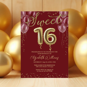 Invitation Gold Foil Sweet 16 Ballons d'anniversaire Bourgogn