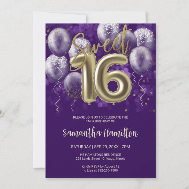 Invitation Gold Foil Sweet 16 Ballons d'anniversaire fête vio (Devant)