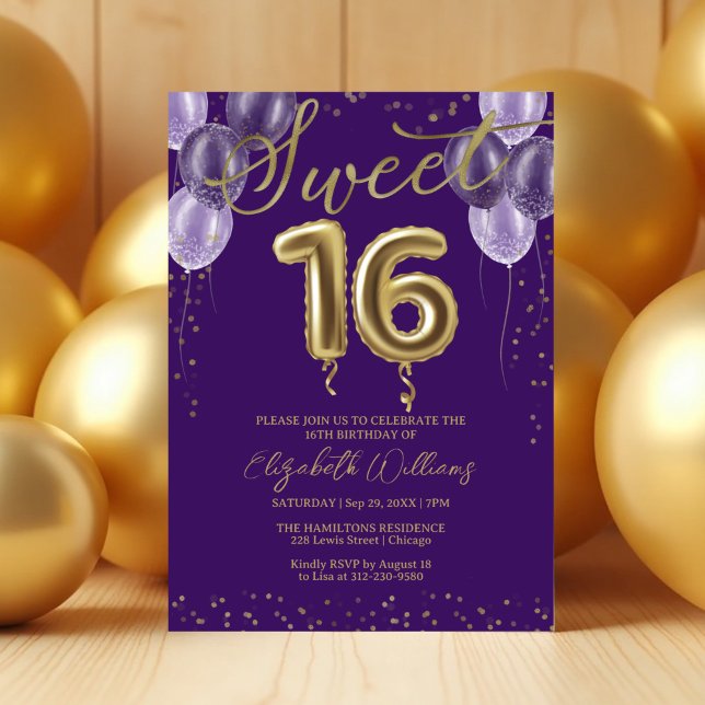 Invitation Gold Foil Sweet 16 Ballons d'anniversaire fête vio (Créateur téléchargé)