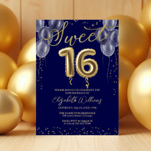 Invitation Gold Foil Sweet 16 Ballons d'anniversaire Royal Bl