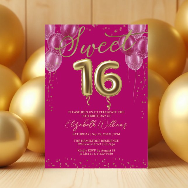 Invitation Gold Foil Sweet 16 Balloons Anniversaire Parti ros (Créateur téléchargé)