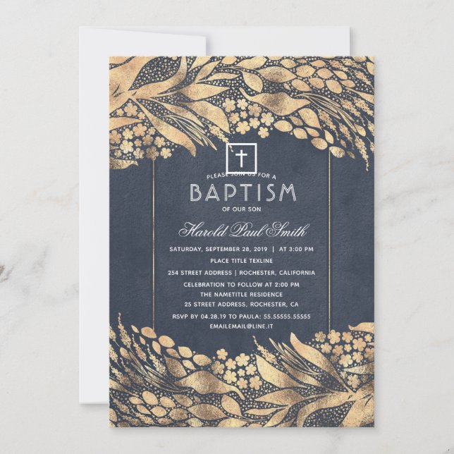 Invitation Gold Foliage Élégant Marine Baptême bleu (Devant)