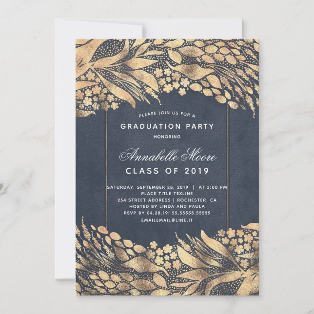 Invitation Gold Foliage Marine Blue Modern Graduation Party (Devant)