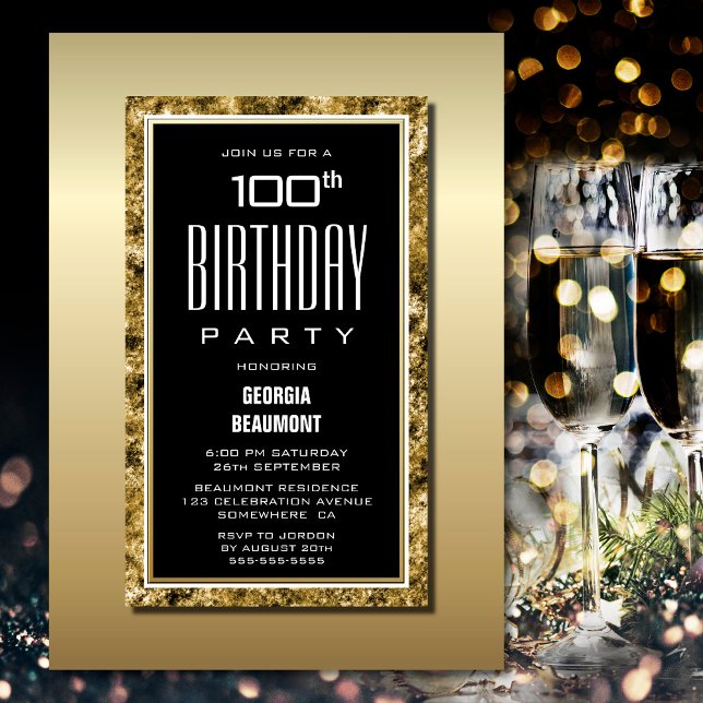 Invitation Gold Frame Black 100th Birthday Party (Créateur téléchargé)