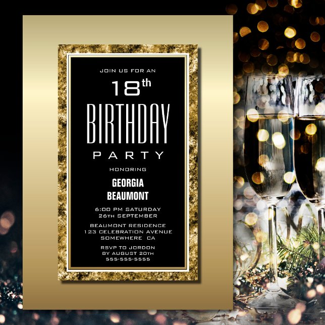 Invitation Gold Frame Black 18th Birthday Party (Créateur téléchargé)