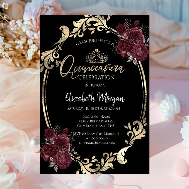 Invitation Gold Frame Bourgogne Rose Black Quinceañera (Créateur téléchargé)