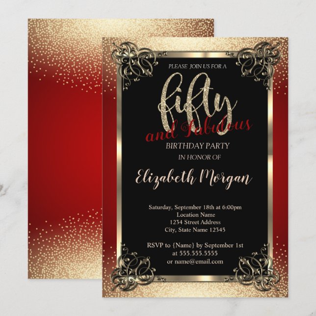 Invitation Gold Frame, Confetti Red 50th Birthday Party (Devant / Derrière)