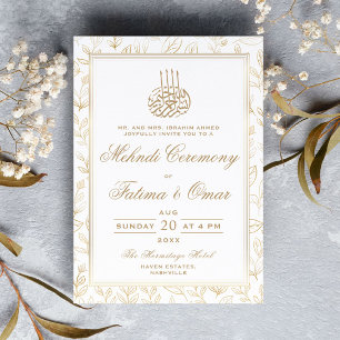 Invitation Gold Frame Feuille Motif islamique Mehndi Cérémoni