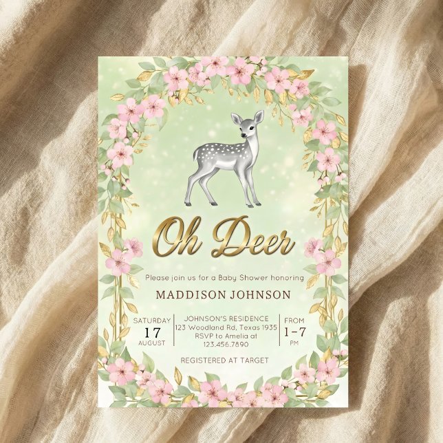 Invitation gold frame flower deer baby shower (Créateur téléchargé)