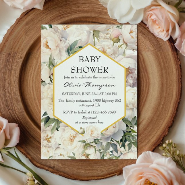 Invitation Gold Frame Ivory Peony Garden Baby Shower (Créateur téléchargé)