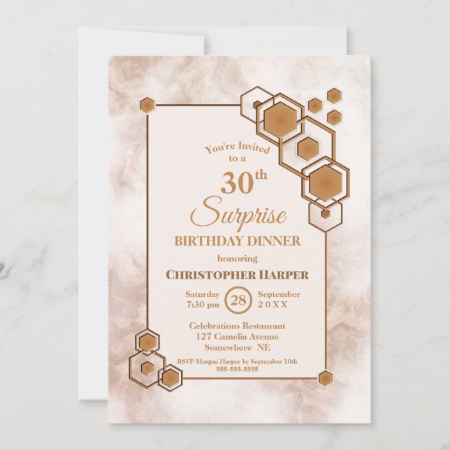 Invitation Gold Frame Marble Surprise Dîner d'anniversaire 30 (Devant)