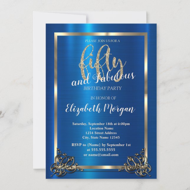 Invitation Gold Frame Metallic Blue 50e fête d'anniversaire (Devant)