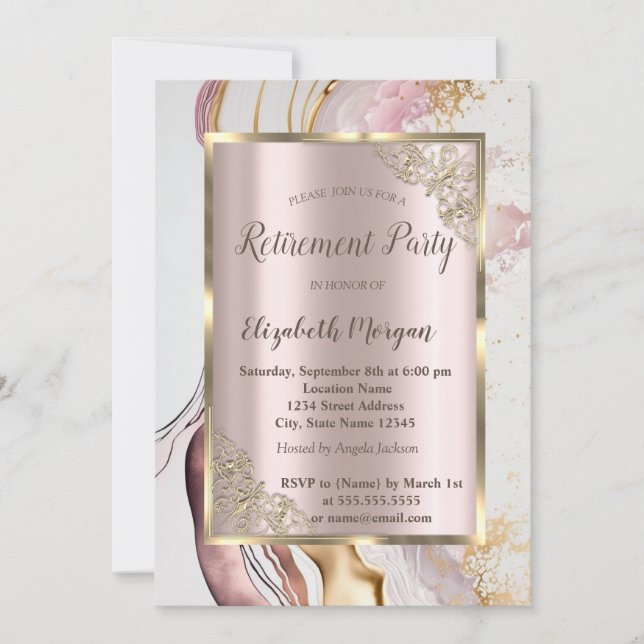 Invitation Gold Frame, Or Rose, Retraite de marbre rose (Devant)