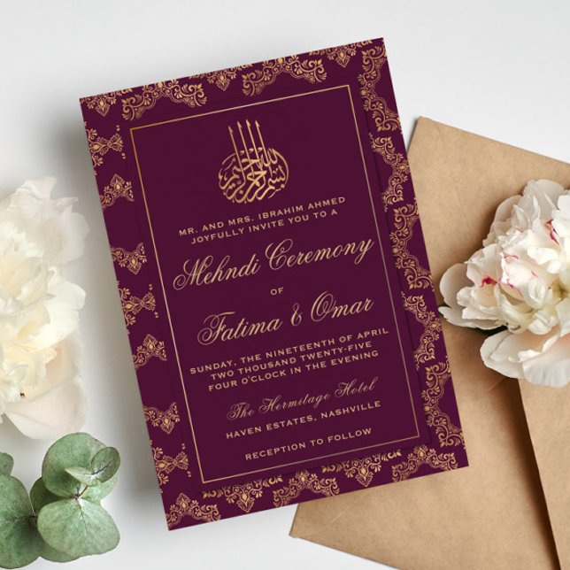 Invitation Gold Frame Ornate Bourgogne cérémonie islamique Me (Créateur téléchargé)