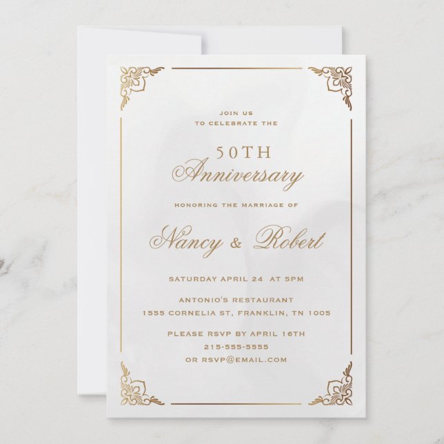 Invitation Gold Frame Ornate Cream 50e anniversaire Mariage (Devant)