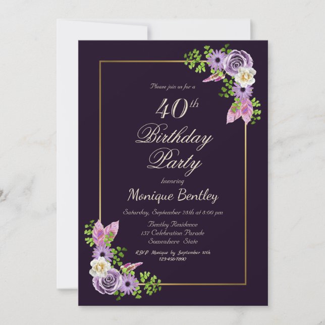 Invitation Gold Frame Purple Floral 40e fête d'anniversaire (Devant)