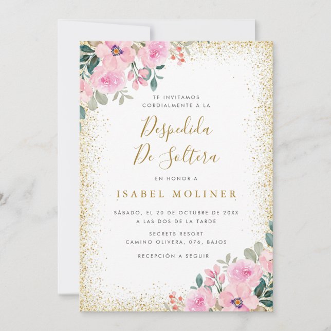 Invitation Gold Frame rose Floral Fête des mariées espagnole (Devant)