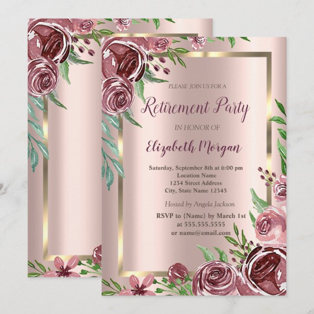 Invitation Gold Frame, Rose Gold Burgundy Retraite Rose (Devant / Derrière)