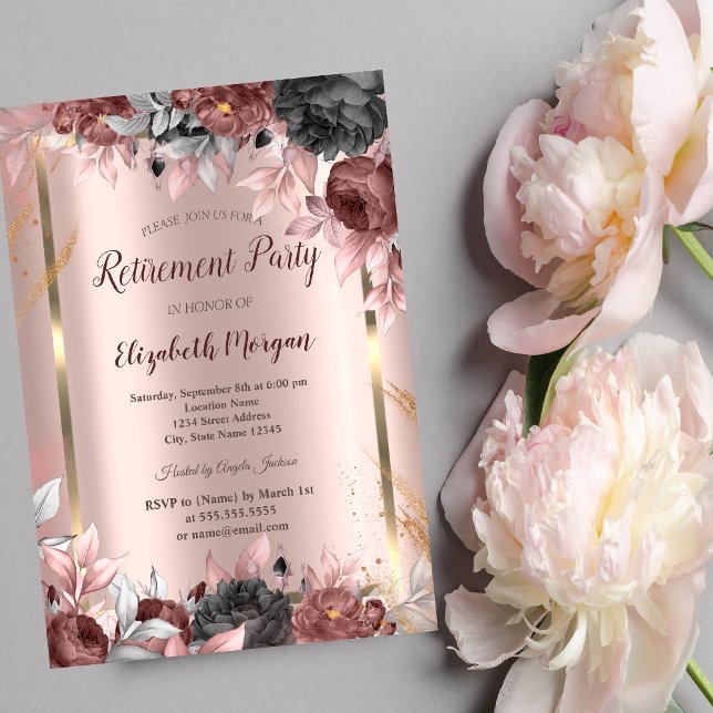 Invitation Gold Frame, Rose Gold Chic Flowers Retraite (Créateur téléchargé)
